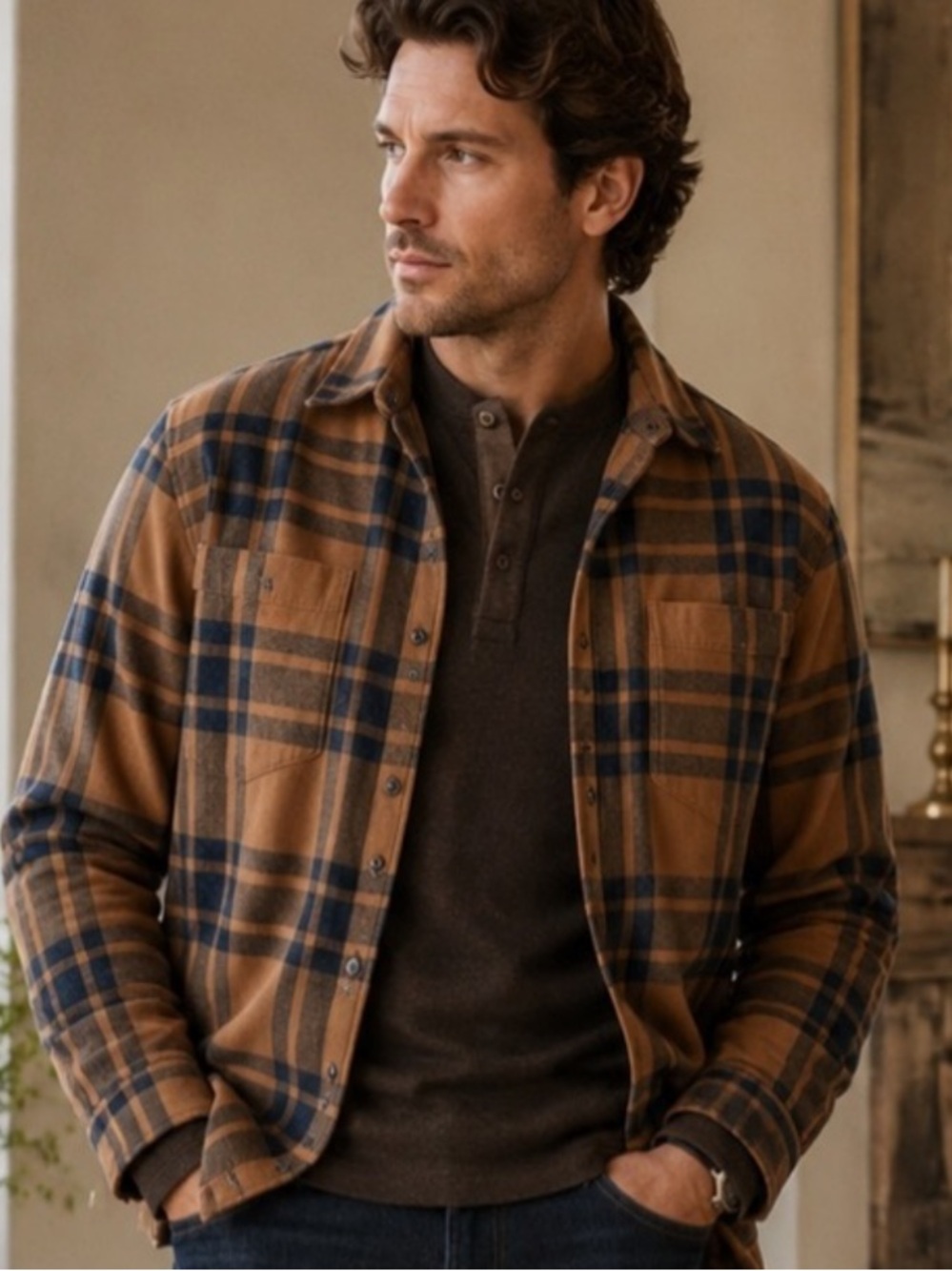 Vuori Tan and Navy Plaid Lightweight Shirt Jacket
